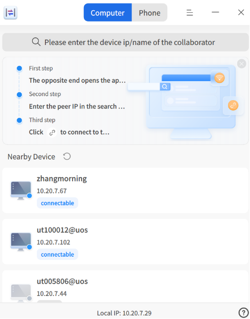 Device list Cross-Device Collaboration — menampilkan perangkat yang terdeteksi di jaringan lokal
