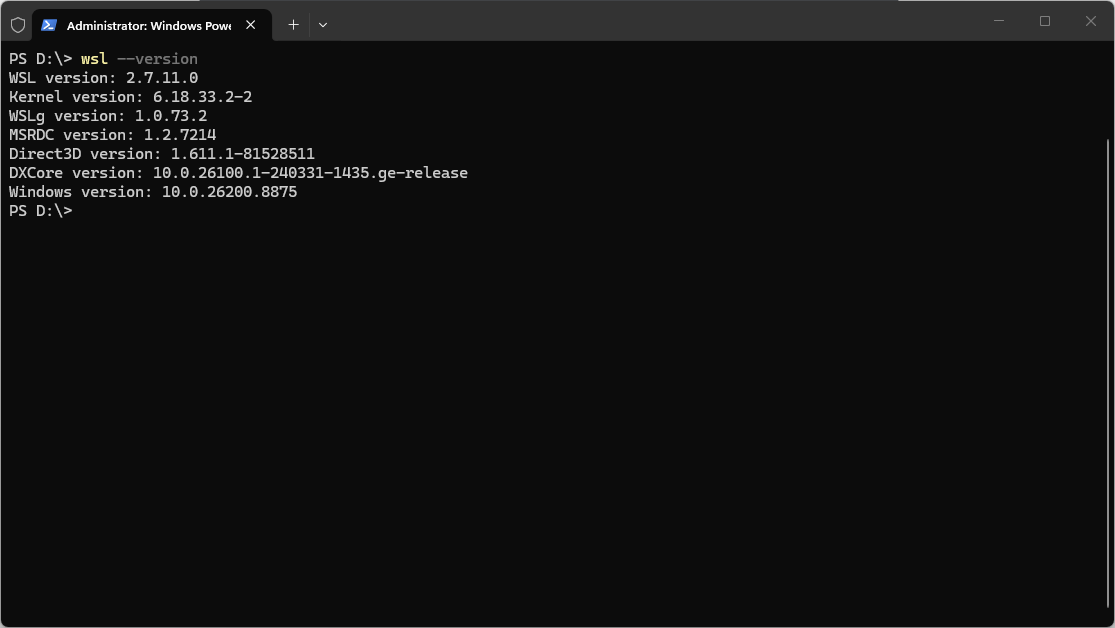 PowerShell — output perintah wsl --version yang menampilkan komponen WSL