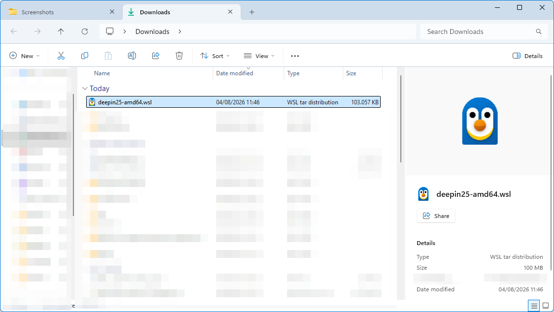 Windows Explorer — file .wsl deepin 25 siap di-double-click