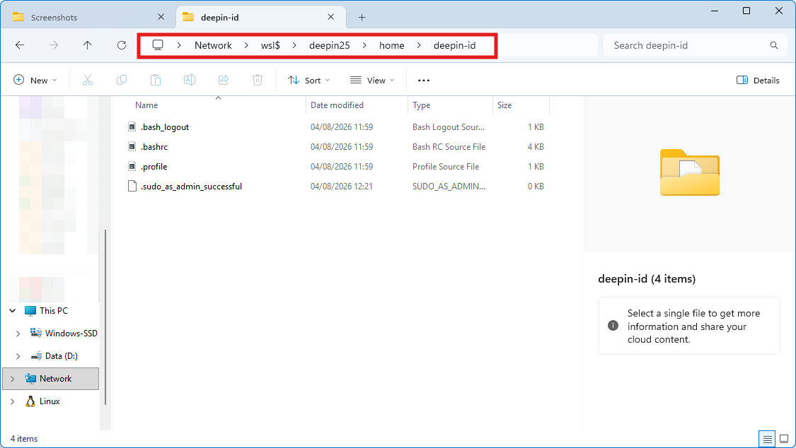 File Explorer — akses \wsl$\deepin25\home\ menampilkan folder home deepin