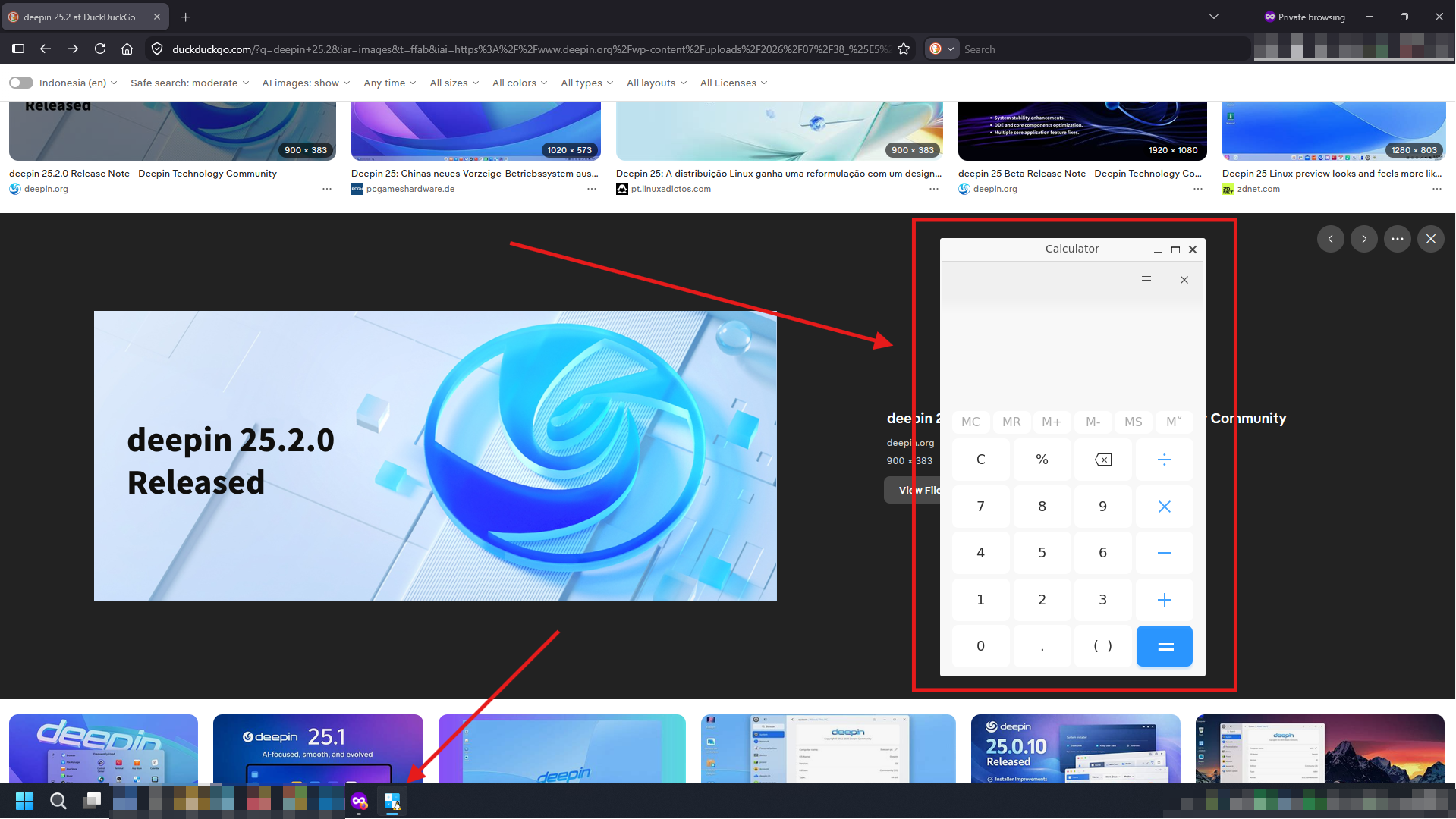 Desktop Windows — aplikasi GUI Linux (Deepin Calculator) berjalan via WSLg